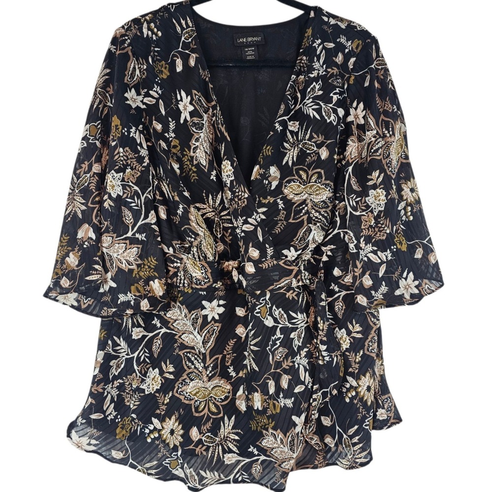 Womens Blouse Size 18/20 Black Floral Surplice Faux Wrap